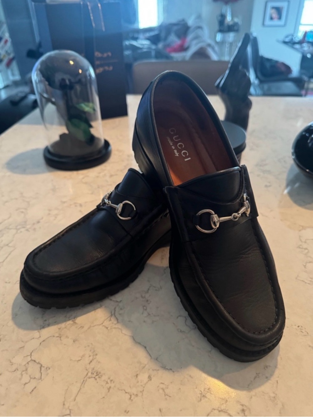 Gucci Women’s Black Leather Horsebit Lug Soled Loafers